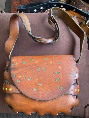 Vintage Brown Leather Crossbody with Green and Yellow Floral Accents